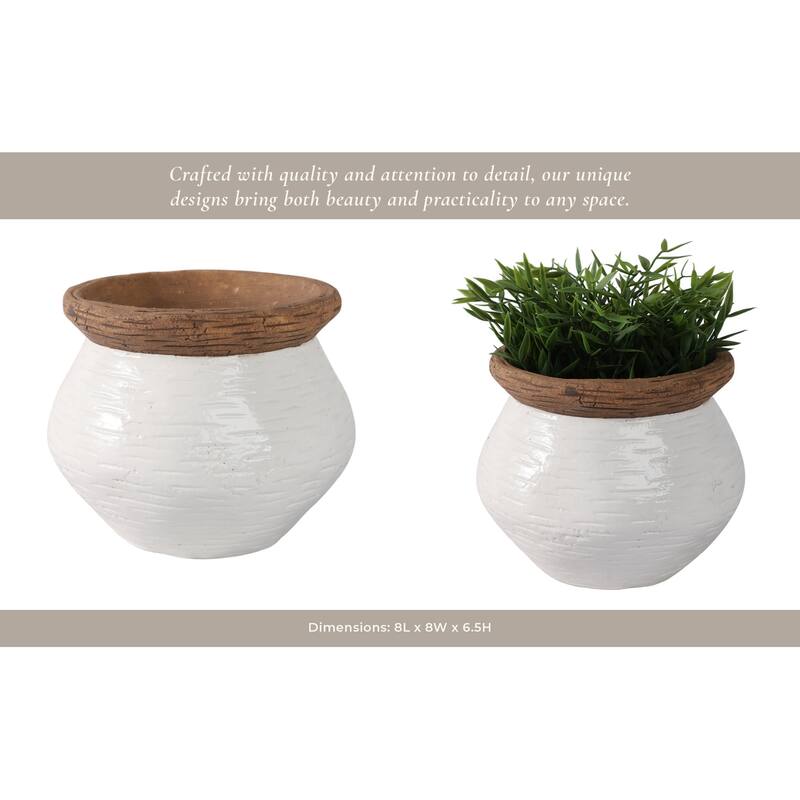 Pottery Planter Textured Design Indoor Outdoor Use - 7" White, Tan - 8" x 8" x 6.5"
