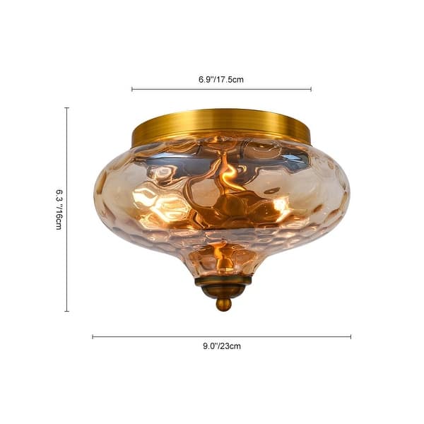 dimension image slide 2 of 4, Modern Farmhouse 2-light Water Pattern Hammered Glass Flush Mount 9in