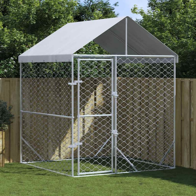 vidaXL Outdoor Dog Kennel with Roof Silver Galvanized Steel - 6.6' x 6.6' x 8.2'