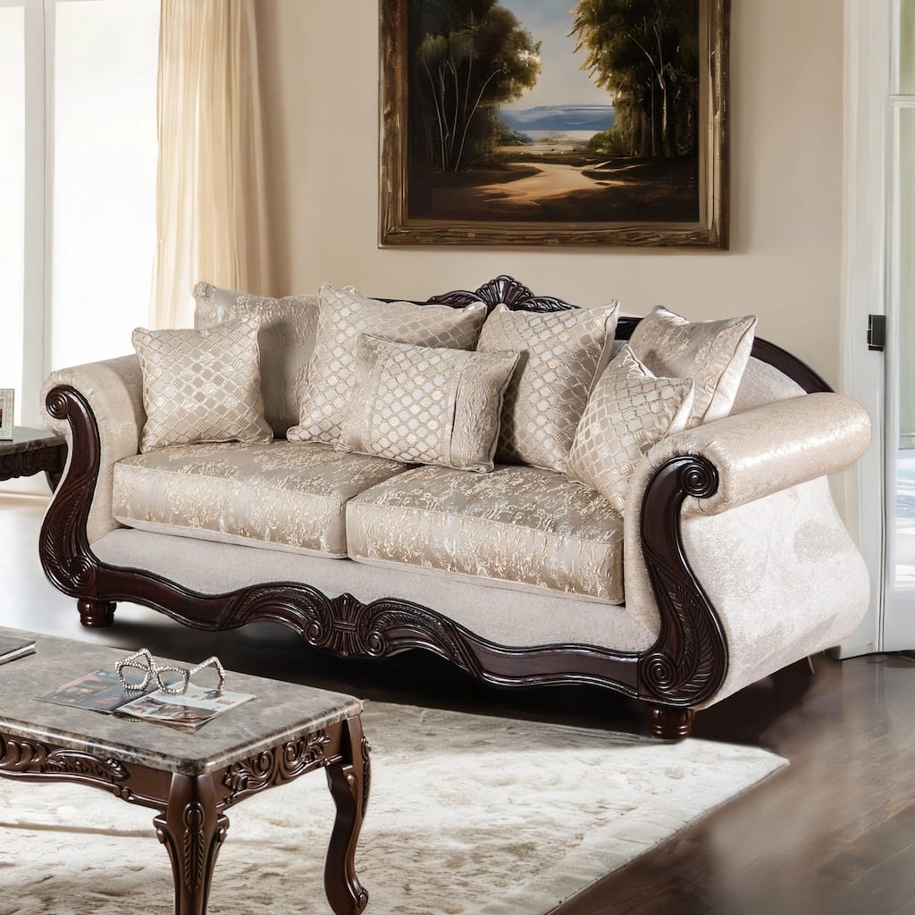 Furniture of America Omira USA Made Traditional 3-Seater Beige and Dark Cherry Sofa
