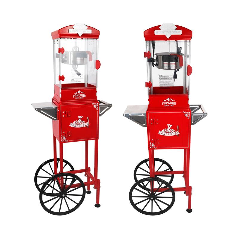 Popcorn Machine with Cart ,Wheels & 10 Oz Kettle Popcorn Maker Measuring 3 plastic spoon Home Theater Popcorn Machine - Red