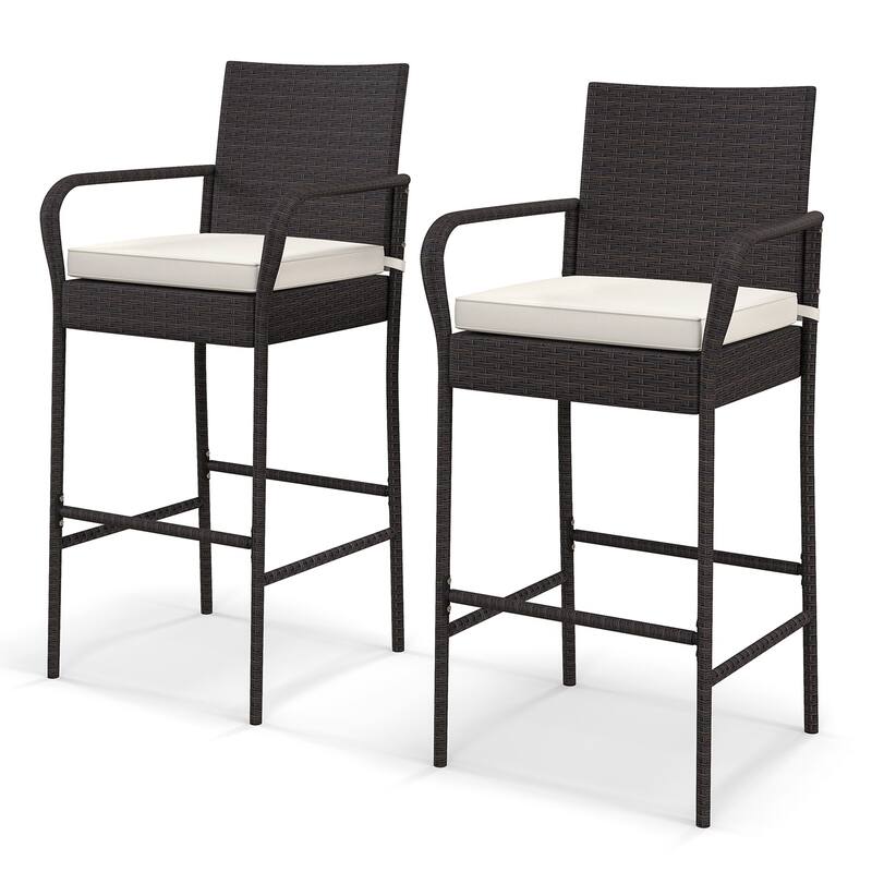 2PCS Patio PE Wicker Bar Chairs Counter Height Barstools with Cushions - Mix Brown+Beige