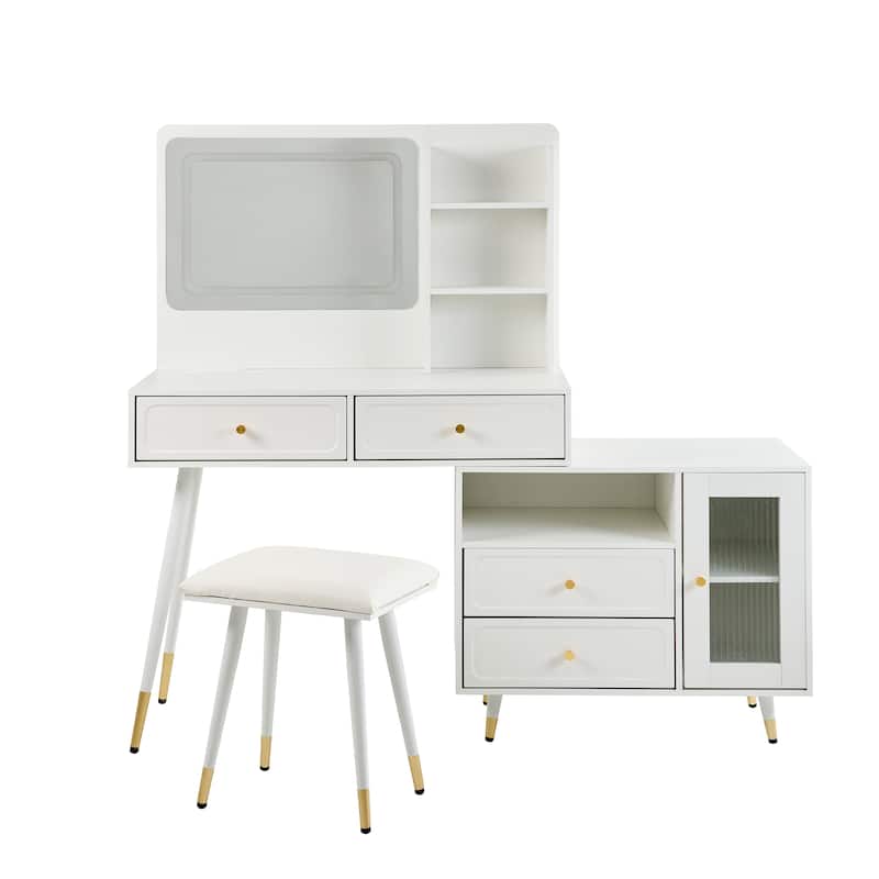 Modern Makeup Vanity Set with PU Cushioned Stool, Retractable Dressing Table Vanity Desk with Mirror, Light & Power Outlet