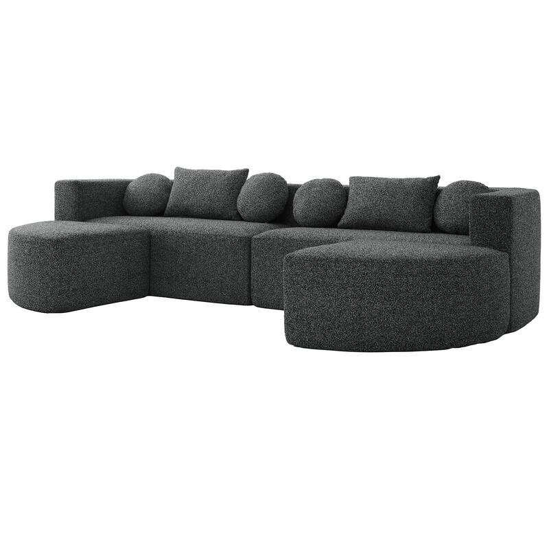 U-Shape Modular Sectional Sofa, Boucle Upholstered Boneless Couch, Compression Sofa with 4 Throw Pillows & 2 Cushions
