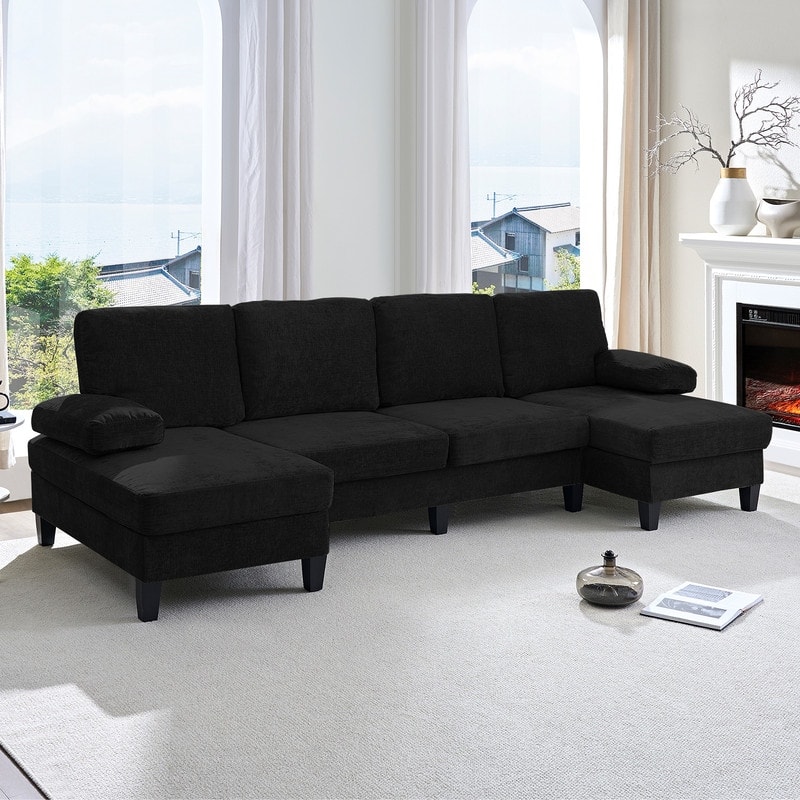Mixoy 110"U-Shaped Sectional Couches,Chenille Fabric Upholstered Large 4-Seater Sofa with Double Chaises and Sleepable Armrest - Black - Symmetrical