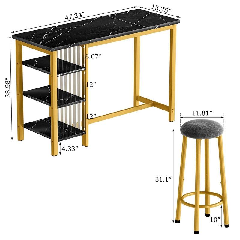 Grondin Modern Contemporary Faux Marble 3 Piece Bar Table Set with 2 Upholstered Stools and Extra Storage Shelves