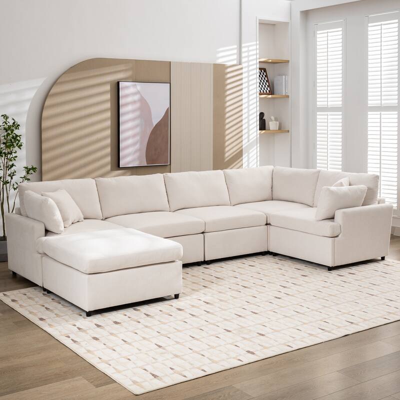 100.4" Polyester U-Shaped Modular Sectional Sofa with Removable Ottoman - Beige