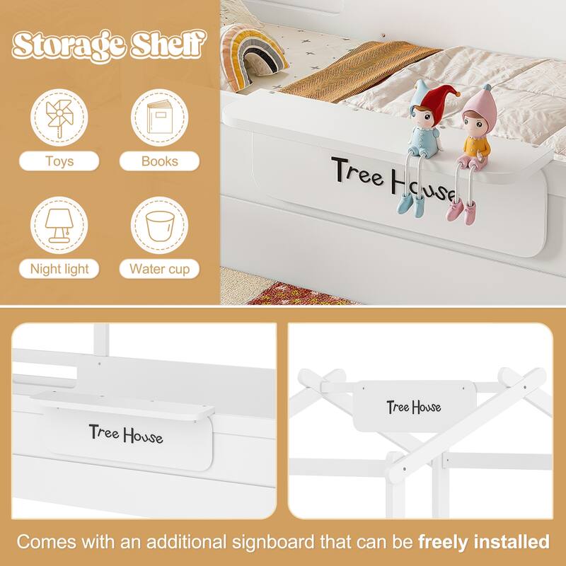 Kids House Floor Bed with Guardrails and Roof, Built-in Tray and Signboard, Montessori Floor Bed for Toddlers