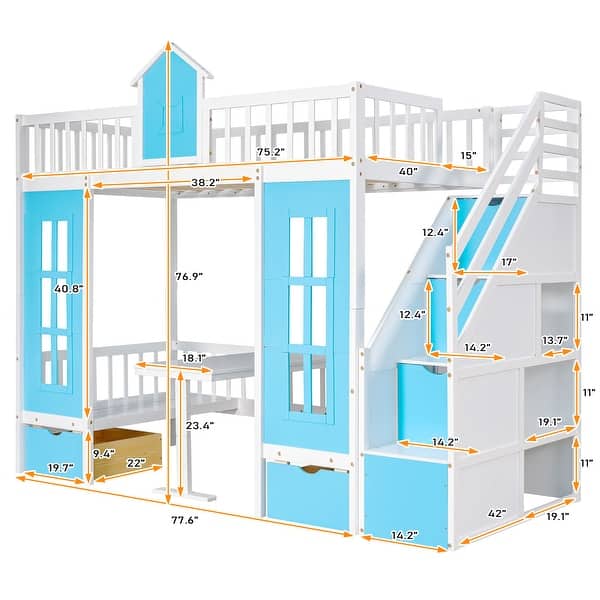 dimension image slide 2 of 3, Playhouse Twin Bunk Bed with Changeable Table, Convertible Upper Bed, Down Desk