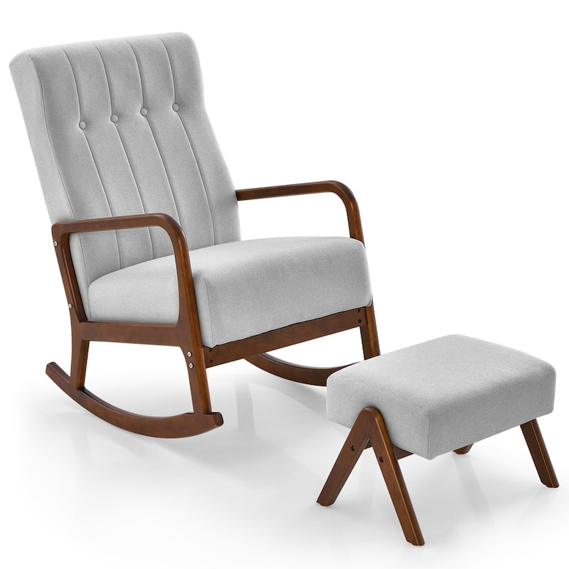 Costway Rocking Chair with Ottoman Upholstered Fabric Glider Rocker - See Details - Grey