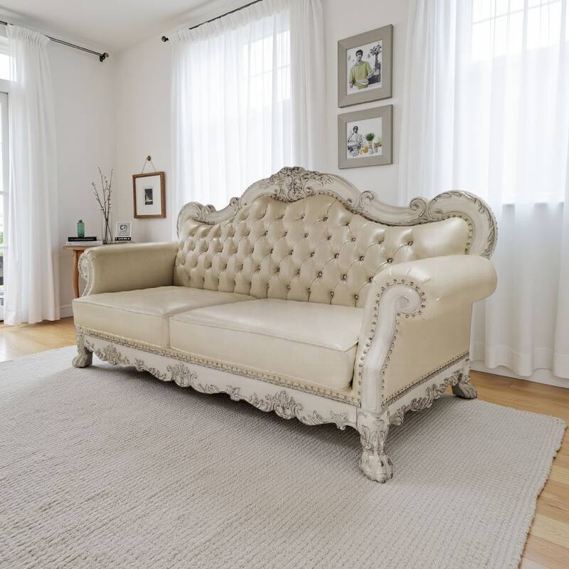 Ally Sofa, 4 Pillows, 86 Inch, Claw Feet, Vintage White Faux Leather