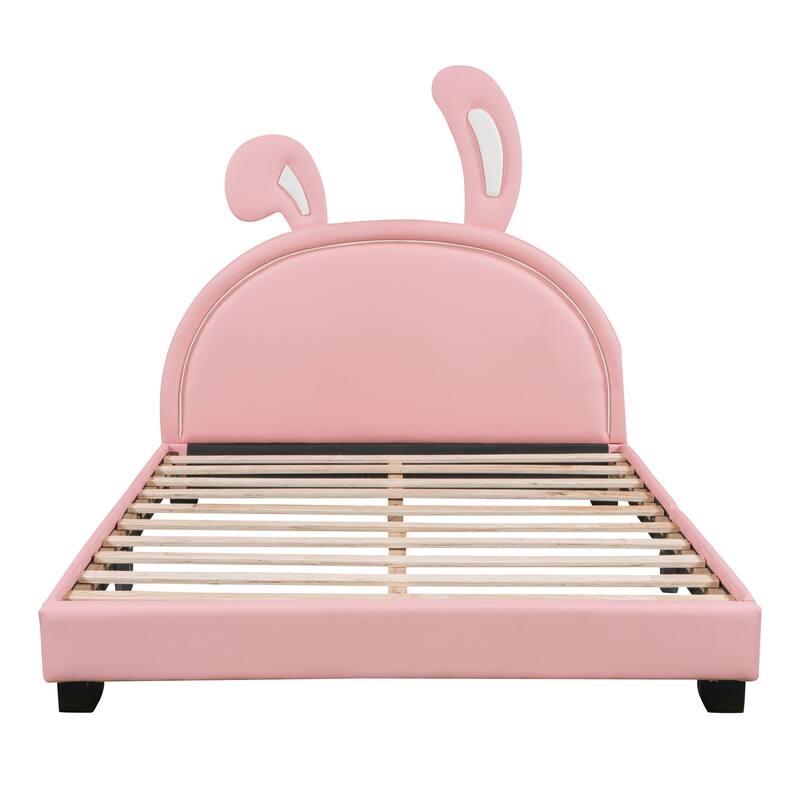 Adorable Twin/Full Upholstered Platform Bed with Rabbit Design, PU Leather, Sturdy Wood Frame, No Box Spring Needed