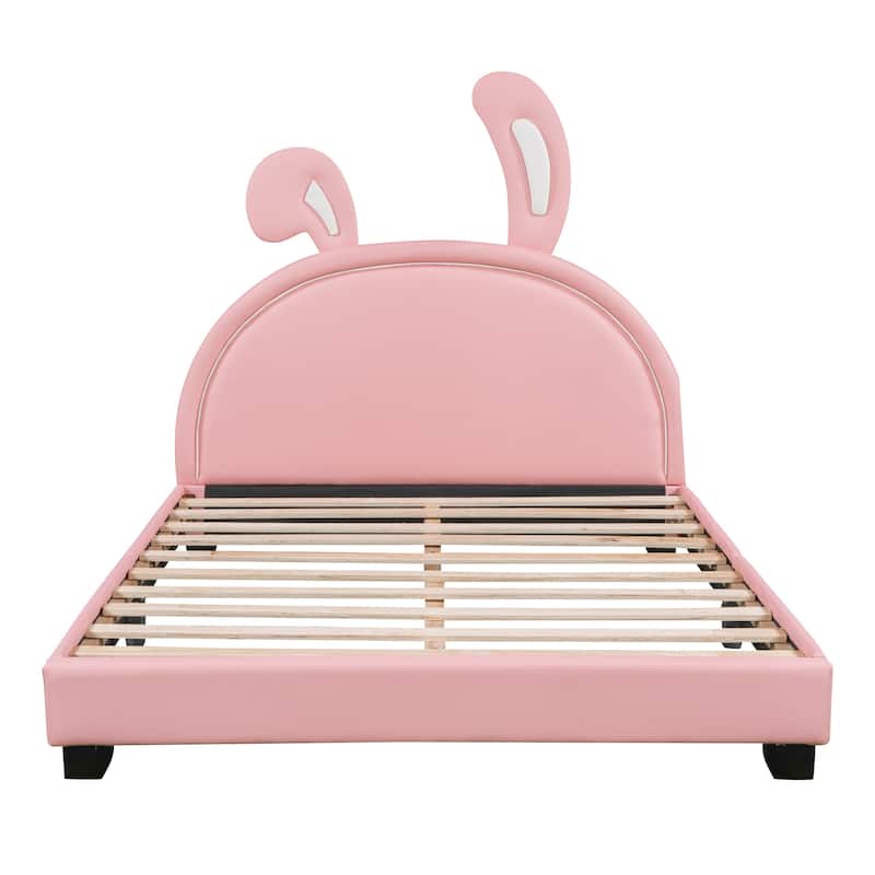 Upholstered Leather Platform Bed with Rabbit Ornament - Pink