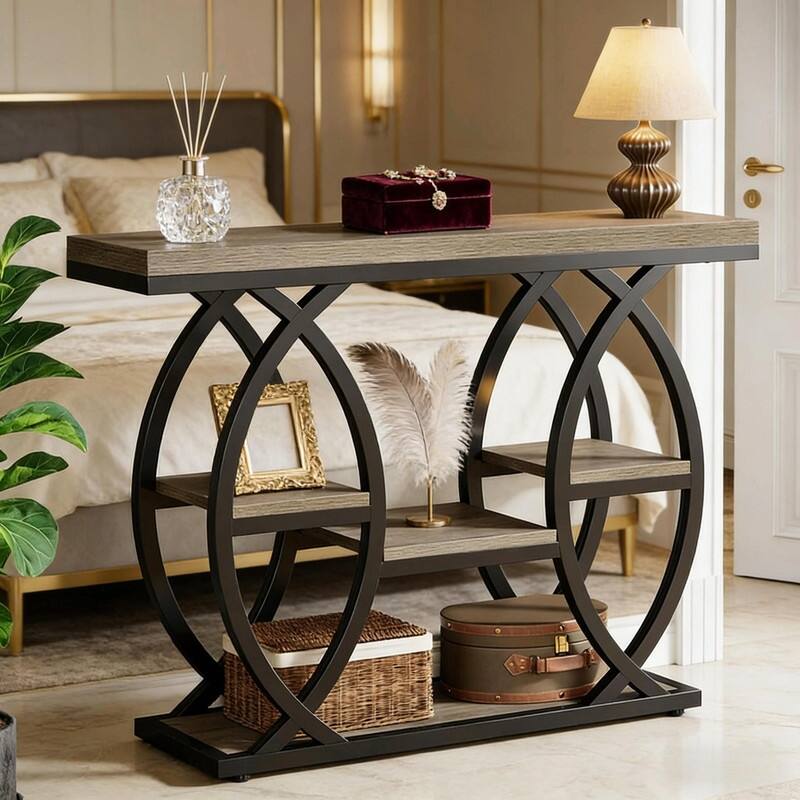 39" Industrial 4-Tier Console Table with Metal Frame and Staggered Shelves