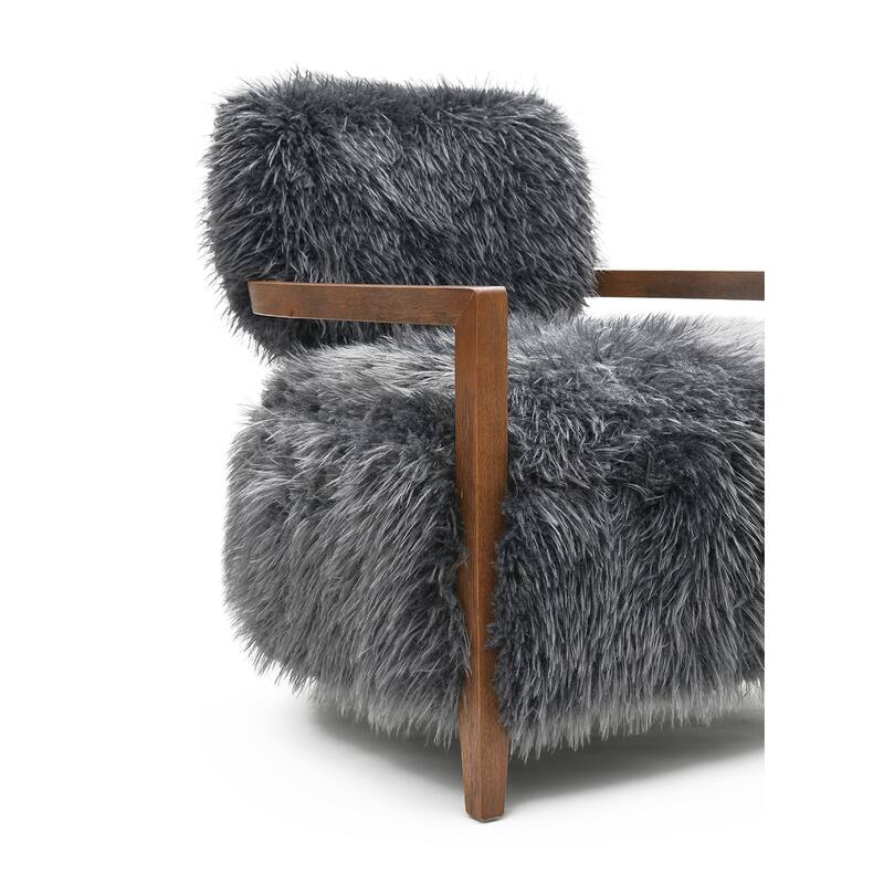 1pc Accent Chair Raked Wooden Arms Tight Back And Seat Soft Faux Fur Contemporary Living Room Furniture