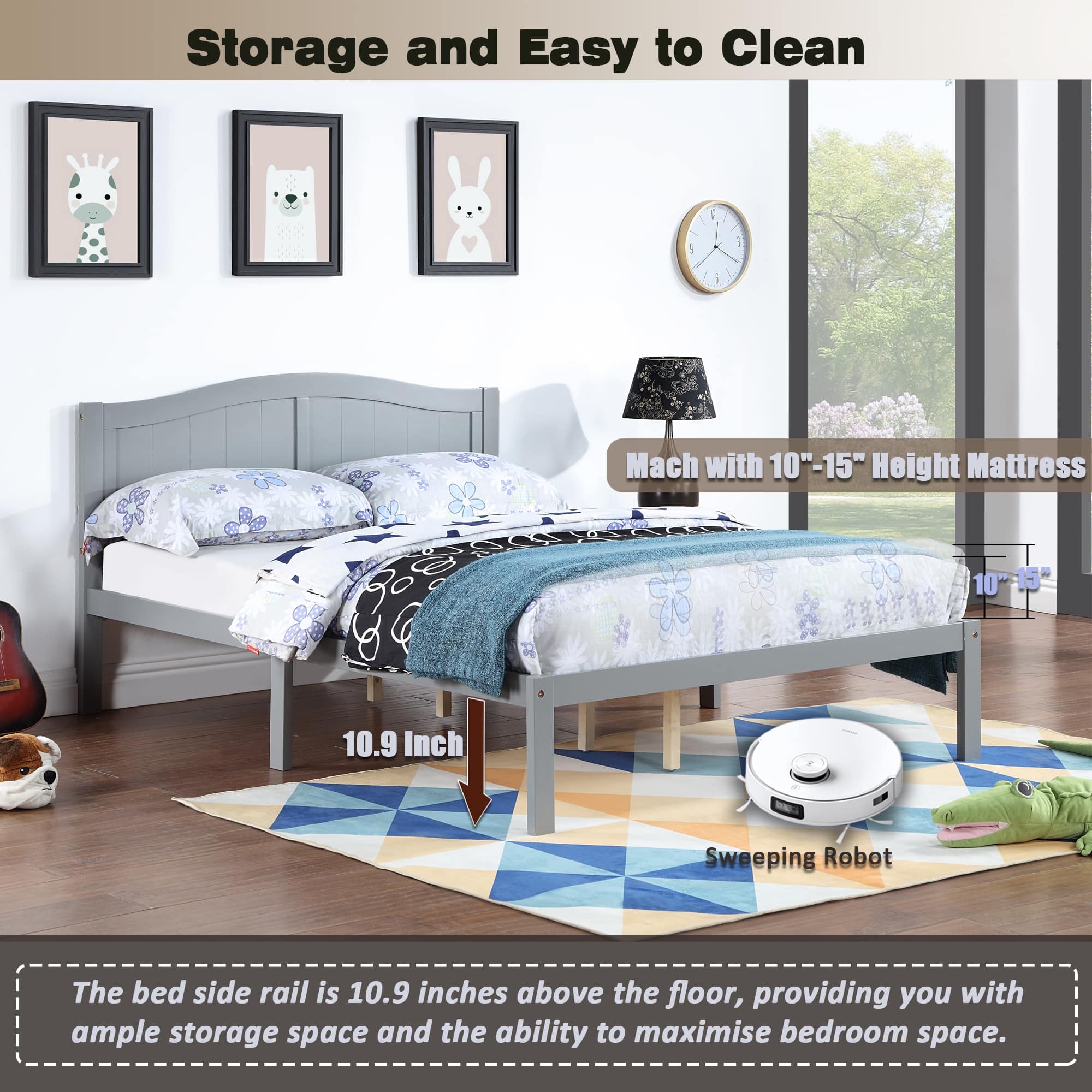 Full Size Bed Frame with Headboard Modern Minimalistic Design, Sturdy