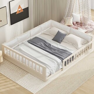 Full Size Upholstered Platform Bed with Guardrail, Fluffy Pillows, and Sturdy Pine Wood Bed Frame Safety Guardrails, Beige