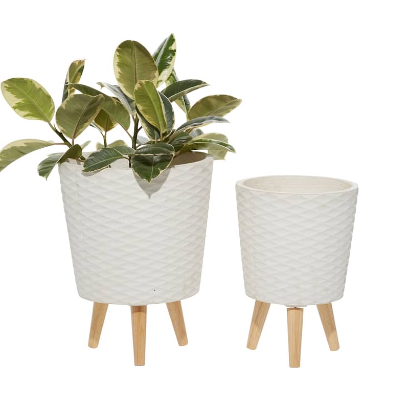 White or Grey Fiber Clay Wood Boho Eclectic Planter (Set of 2) - S/2 14", 16"H