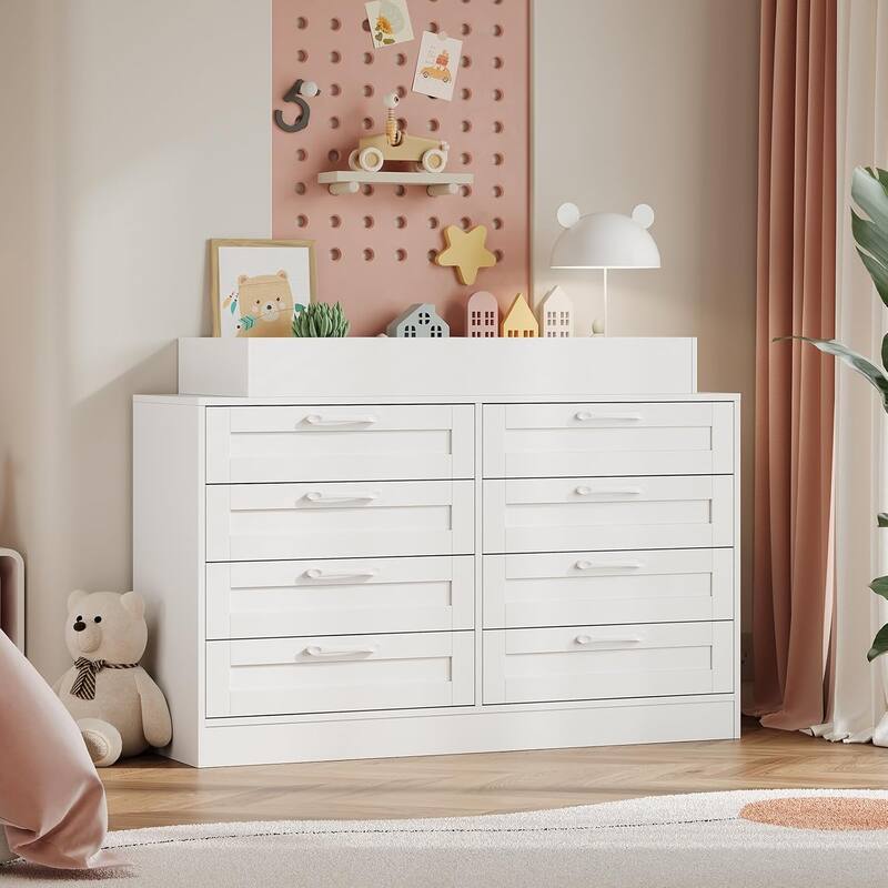 Baby Changing Dresser with 8 Drawers,Wooden Nursery Dresser with Safety Rail & Open Shelf - White