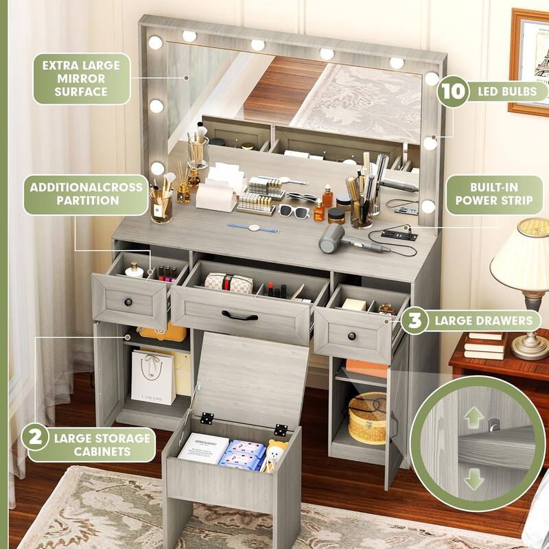43.3'' Wide Makeup Vanity Dressing With Lighted Mirror and Stool
