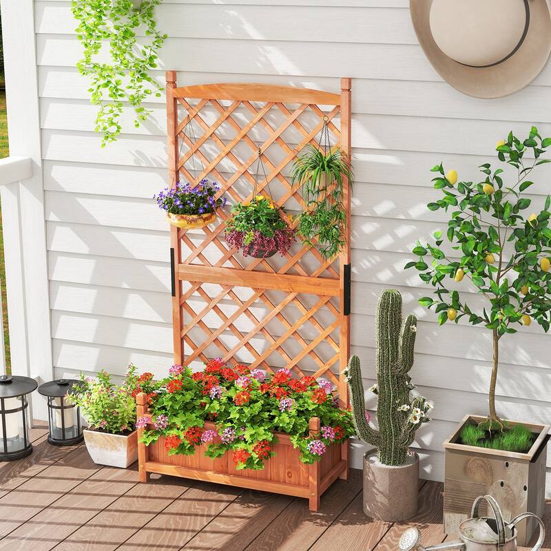 Gymax 60'' Tall Raised Garden Bed w/ Diamond Lattice Trellis Drainage