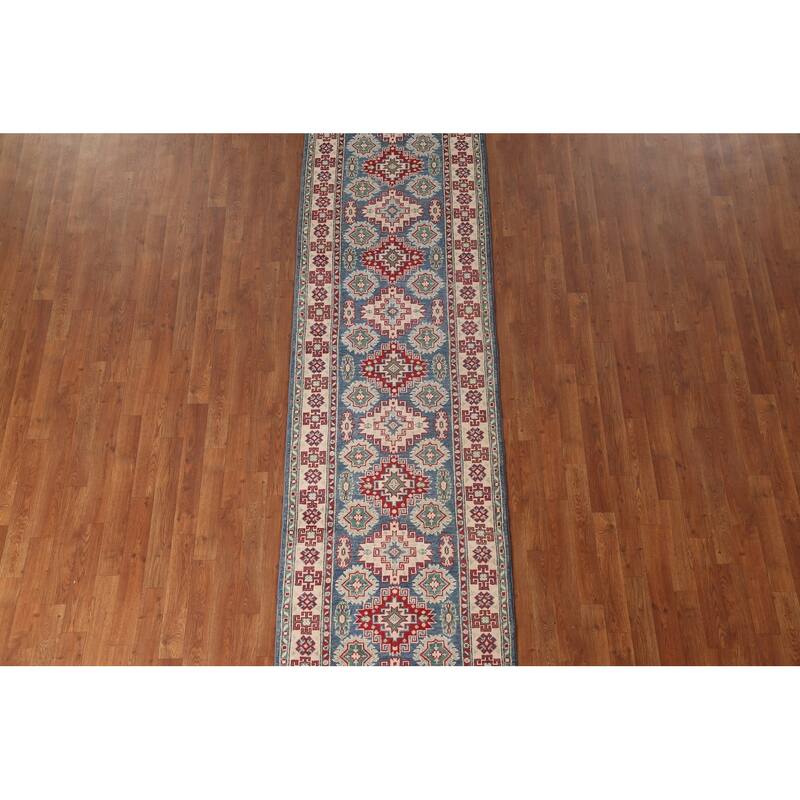 Blue Geometric Kazak Runner Rug Handmade Oriental Wool Carpet - 2'8" x 12'7"
