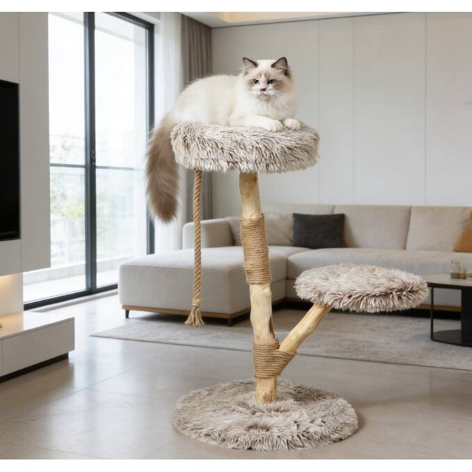 Cat Tree,Cat Tree for Indoor Cats with Wooden Scratching Posts Soft and plush while featuring double cushions - Brown,Natural Wood