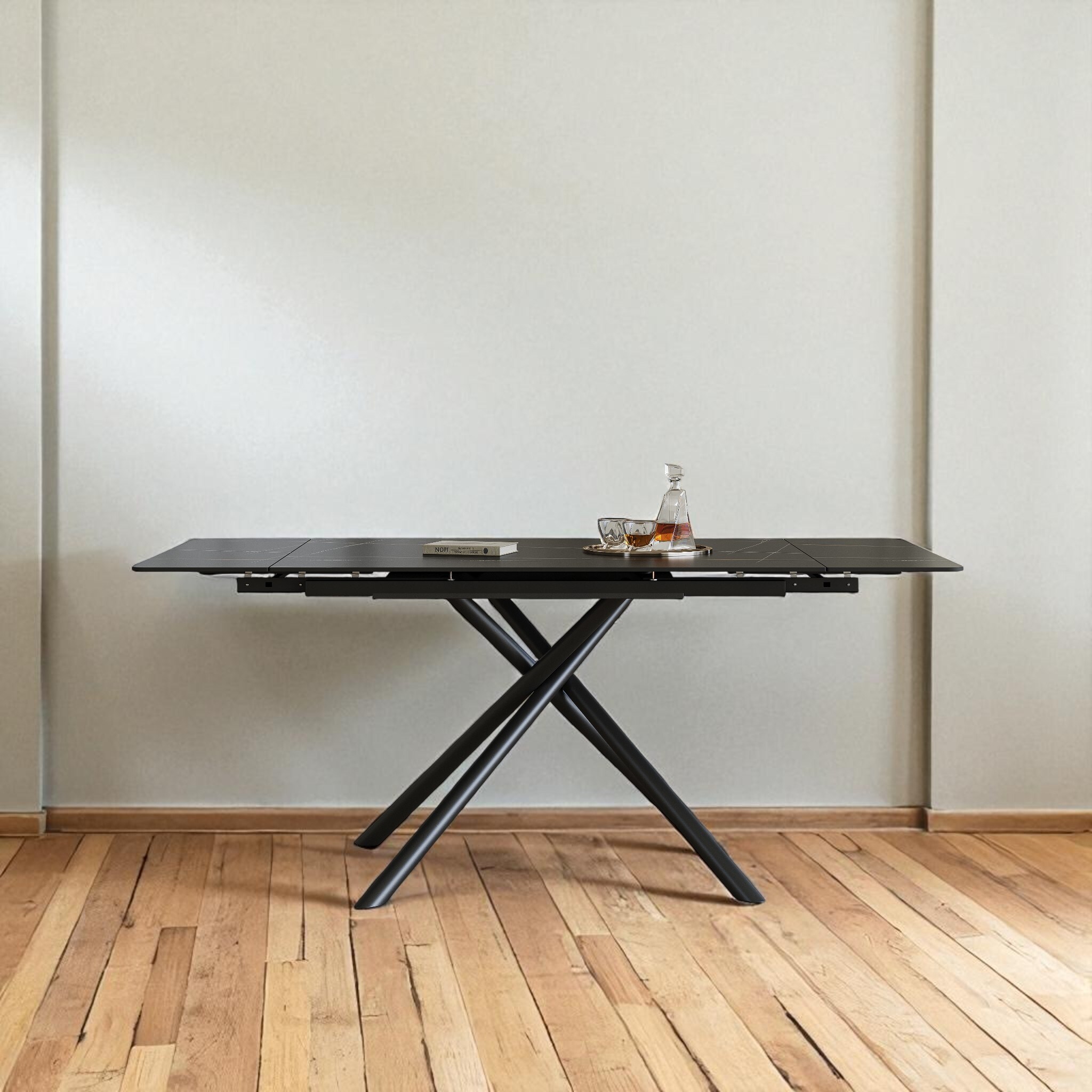 Retractable Sintered Stone Dining Table, 83" Rectangular Extendable Table with Black Carbon Steel Legs, Seats 6-8 People