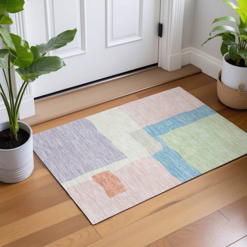 Machine Washable Indoor/ Outdoor Contemporary Blox Chantille Rug