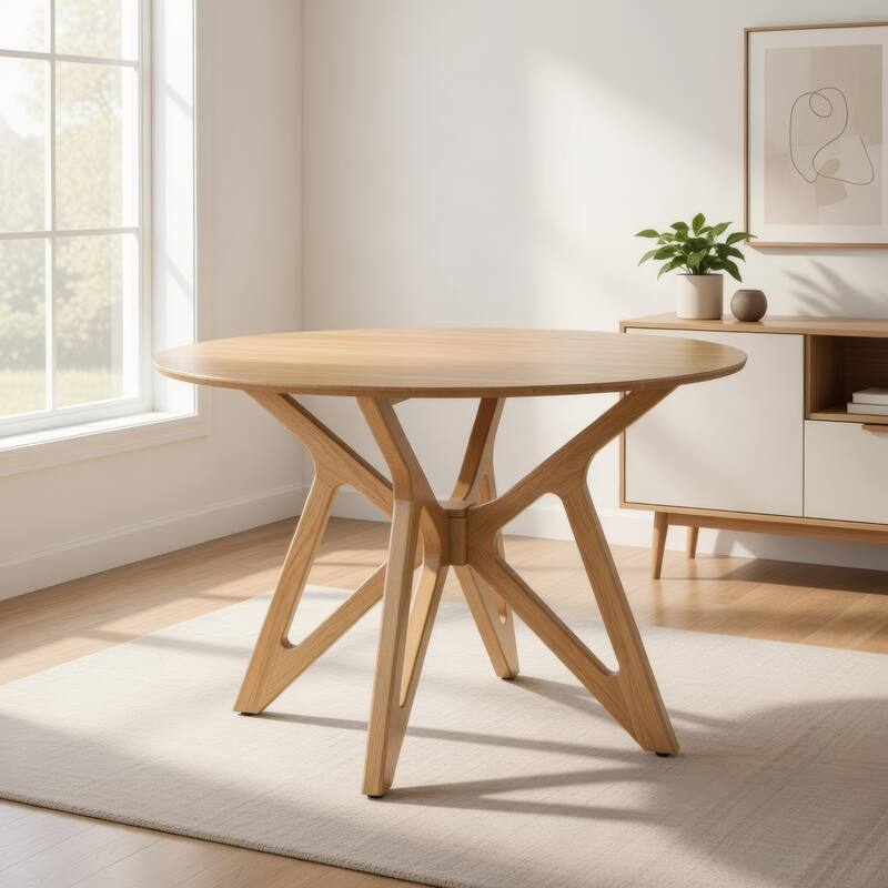 Evans Dining Table, Round Top, Angled Base, Walnut Brown Hardwood, 42 Inch