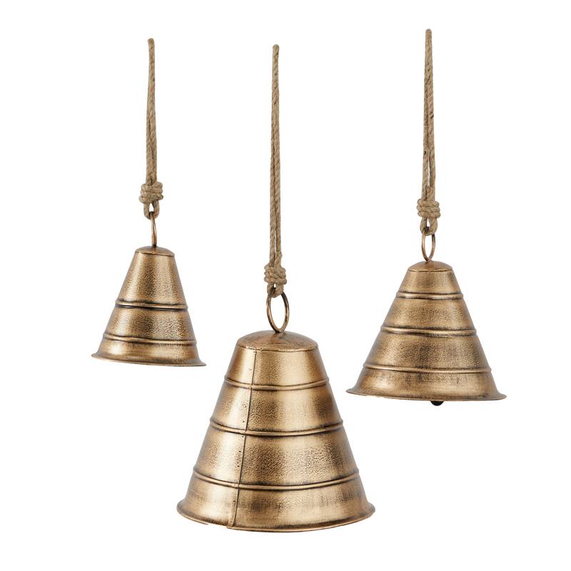 Gray, Red, Black or Bronze Metal Tibetan Inspired Decorative Cow Bell with Jute Hanging Rope (Set of 3)