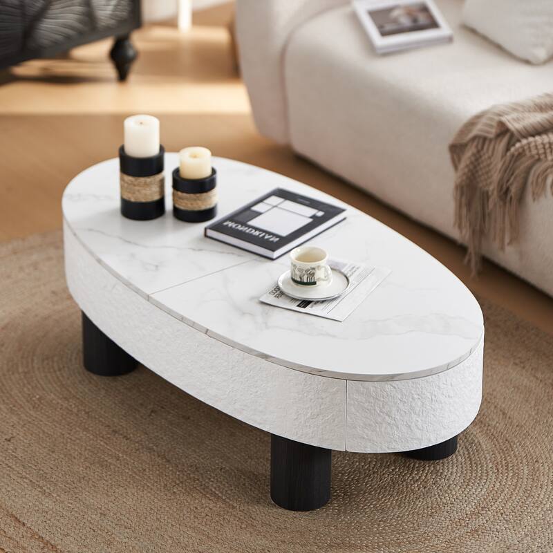 Oval Coffee Table with Faux Marble Tabletop, Mid Century Modern Coffee Table with Hidden Drawer and Storage Space - White+Black