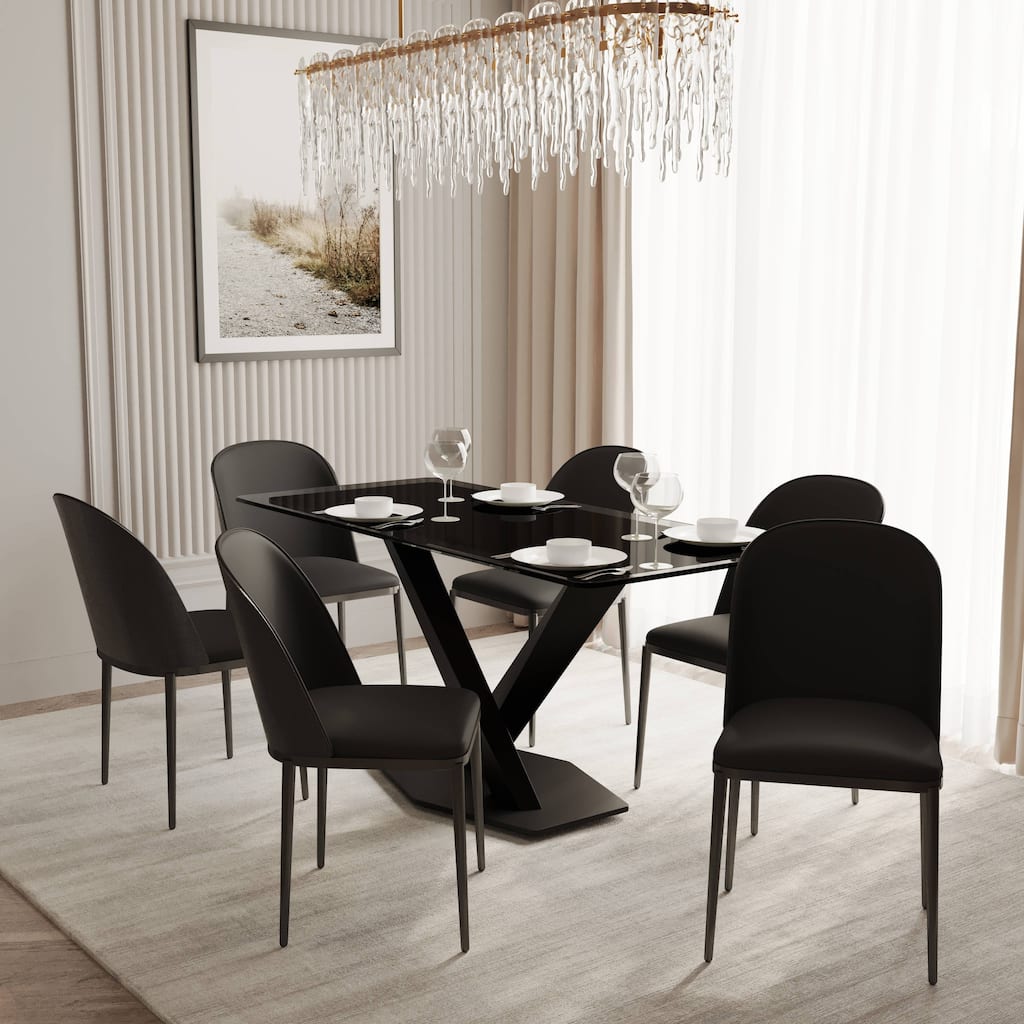 Voren 7-Piece Dining Set 55-Inch Rectangular Glass Tabletop Dining Table and 4 Side Chairs