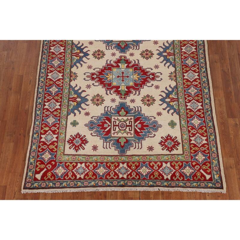 Ivory Kazak Oriental Area Rug Hand-Knotted Geometric Wool Carpet - 5'1" x 6'7"