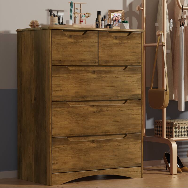 37 “ Tall Modern 5 Drawer Chest of Drawers Dresser Organizer, Vertical Clothes Storage Hanging Cabinet for Hallway, Bedroom - Light Brown - 5-drawer