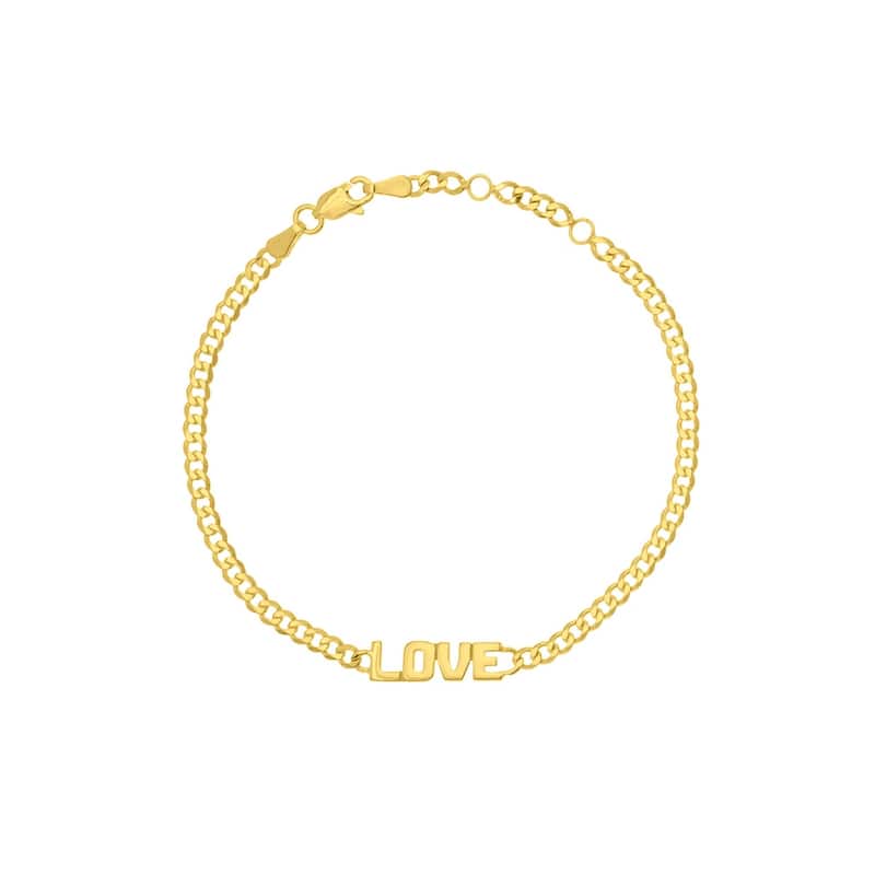 Curata 14k Yellow Gold 7.25" LOVE Plate Adjustable Curb Chain Bracelet