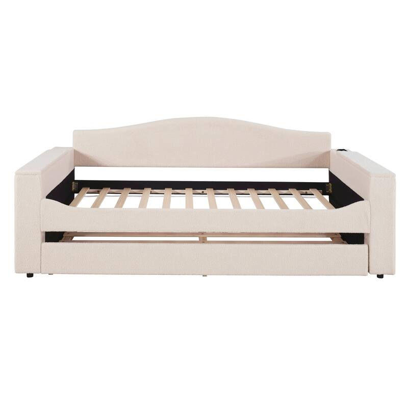 Upholstered Daybed with Storage Armrests, Trundle and Latest Integrated Bluetooth Audio System
