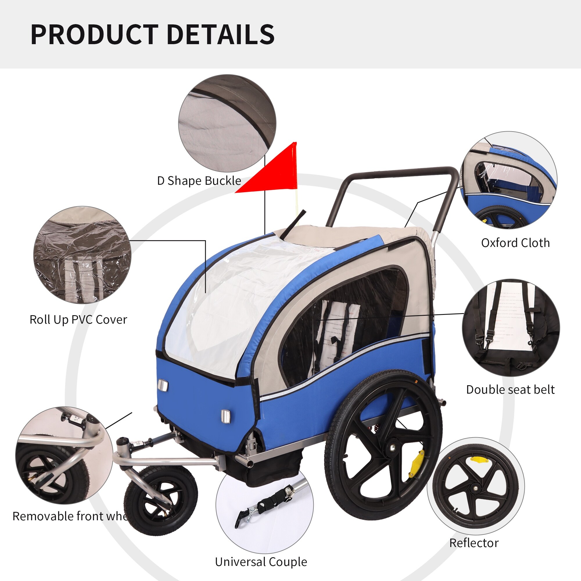 2 in 1 Bicycle 2 Seat Bike Trailer Jogger Stroller for Kids Children Collapsible with Pivot Front Wheel 3 Wheel Pet Carts Blue gray