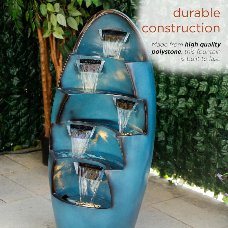 Alpine Corporation TZL382 39 In. 5-Tier Cascading Waterfall Fountain with LED Lights - Outdoor Water Feature, Blue