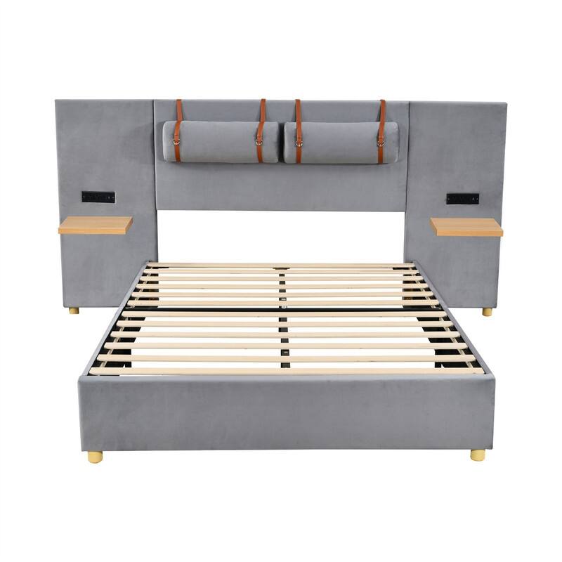 Full/Queen Size Upholstered Platform Bed with 2 Outlets and USB Charging Ports, Velvet Bed Frame with Bedside Pillows & Shelves