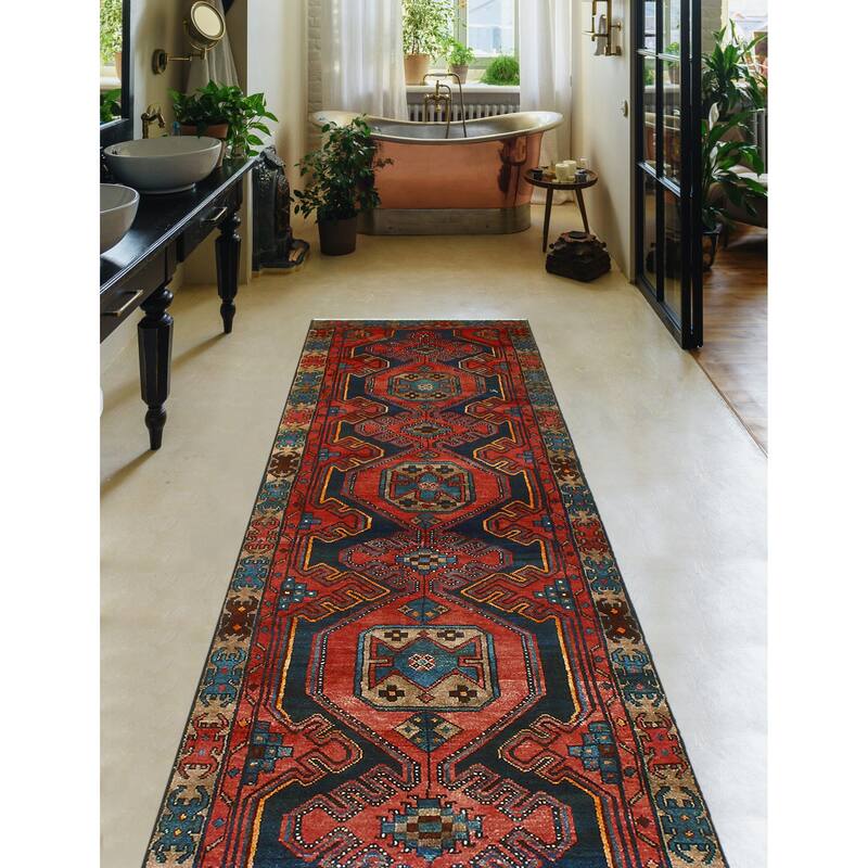 Fine Vintage Distressed Ameenah Red/Navy Runner - 3'1" x 9'4"