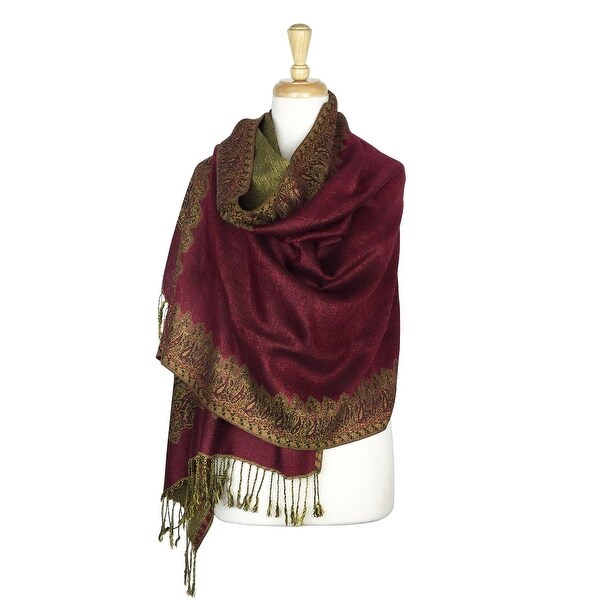 Pashmina Shawl Scarf Wrap Border Pattern Double Layered Reversible - Green - 28" x 70"