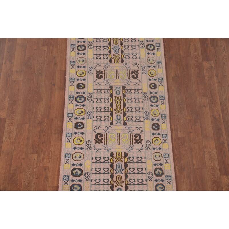 Tribal Geometric Khotan Runner Rug Hand-Knotted Wool Carpet - 2'7"x 8'0"