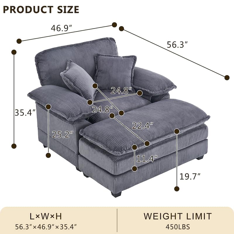 46.8Inch Corduroy single sofa With 2 toss pillows and a ottoman ,Comfy Sofa- Deep Seat Couch for Living Room
