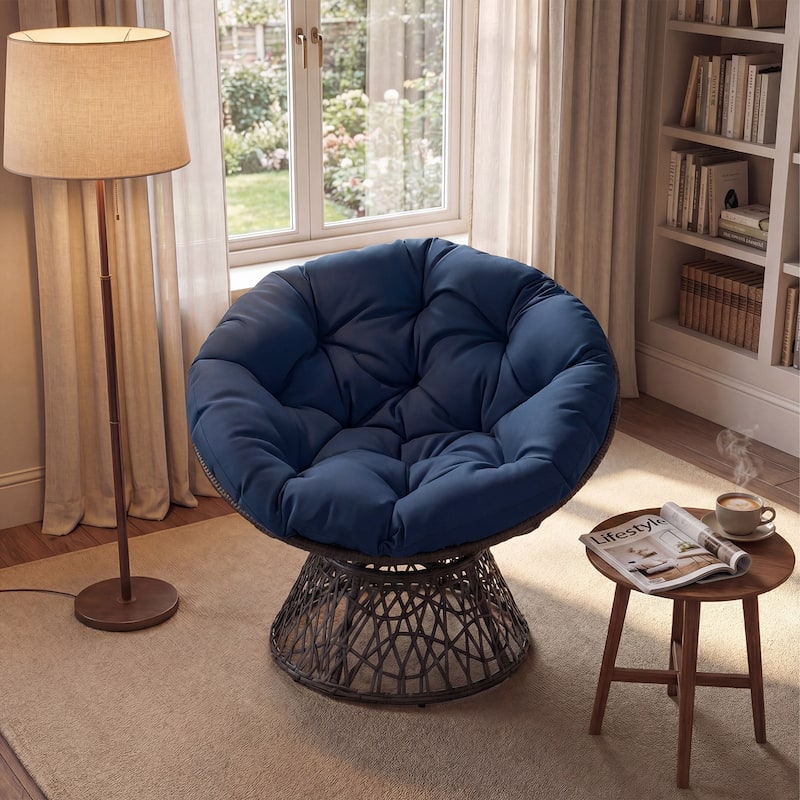 Gymax 360-DegreeSwivel Papasan Chair Round Wicker Lounge Chair w/Thick