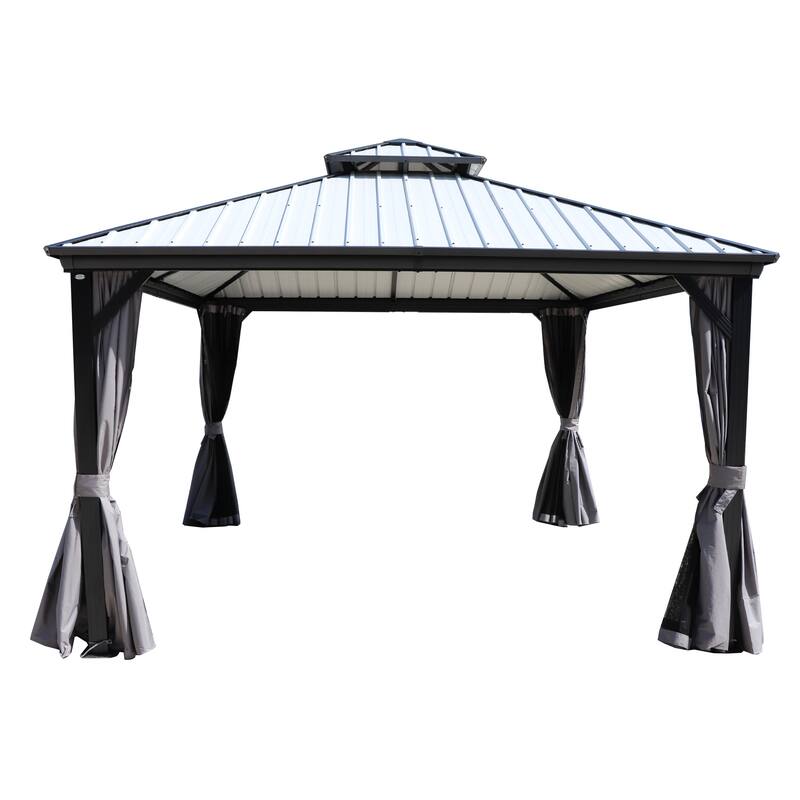 Kozyard Caesar Hardtop Gazebo with Steel Roof, Netting and Curtain - 12' x 12' - Grey