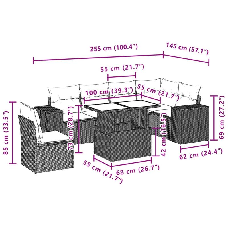 vidaXL Patio Sofa Set with Cushions Outdoor Furniture 7 Piece Poly Rattan - 21.7 x 39.4 x 28.7