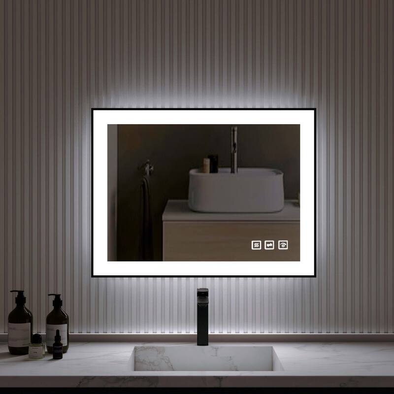 Organnice Rectangular Framed LED Anti-Fog Bathroom Wall Mirror in Black with Backlit and Front Light - 24"*32"