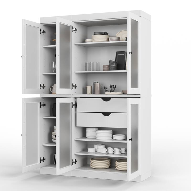 100% Solid Wood 48.5" Pantry Cabinet with Frosted Glass Doors and 2-Drawers