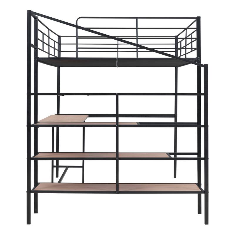 Metal High Loft Bed w/ Desks, Full Size HeavyDuty Kids Loft Beds w